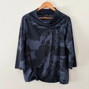 Porto SF Top Orla 3 Dark Gray Black Abstract Cowl Neck 3/4 Sleeve Lagenlook